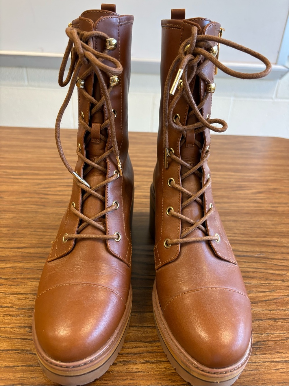 Michael Kors Cognac Lace-Up Combat Boots with Gold Hardware